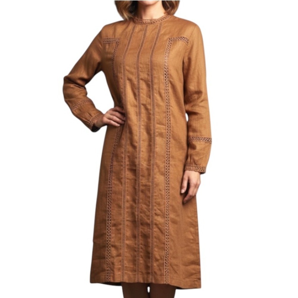 NWT Roolee Linen Shift Dress EYELET LACE STRIPES Lined Rust Brown Modest XXS